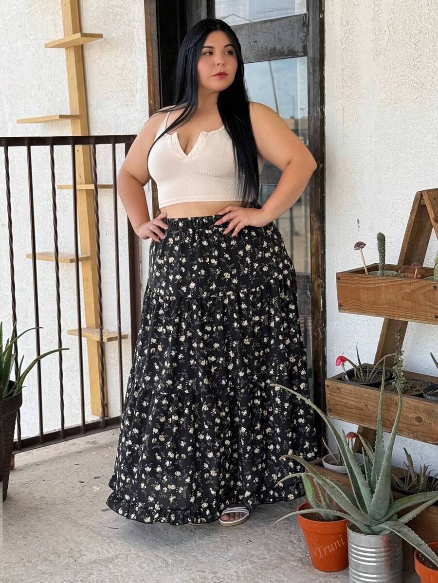 Truni Plus Size Women Elegant Floral Print Skirt Maxi Vacation Beach Outfit