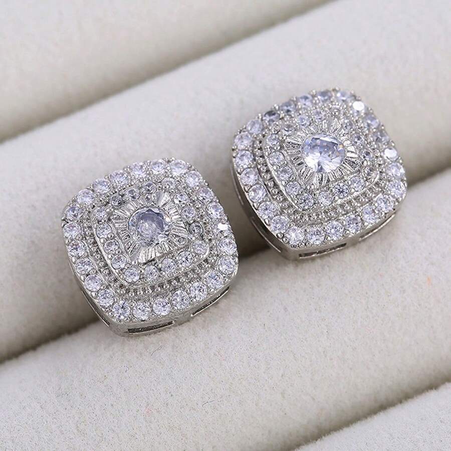 1 Pair Elegant Zirconia Stud Earrings For Women, Vintage Square Double Earrings, Perfect For Wedding/Anniversary/Valentine's Day Gift