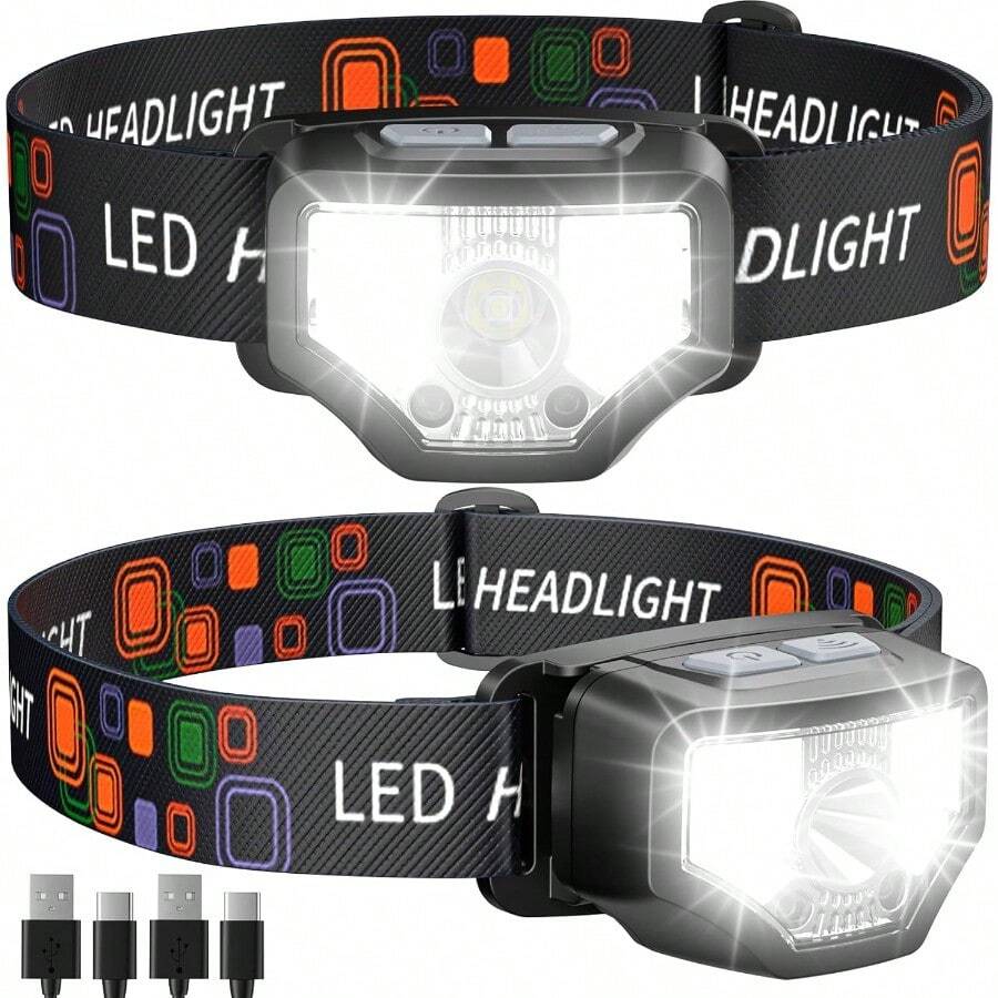Headlamp Rechargeable 2PCS 1200 Lumen Super Bright LED Flashlight With Motion Sensor For Adults And Camping Accessories Gear Waterproof For Hiking Running Fishing Cycling