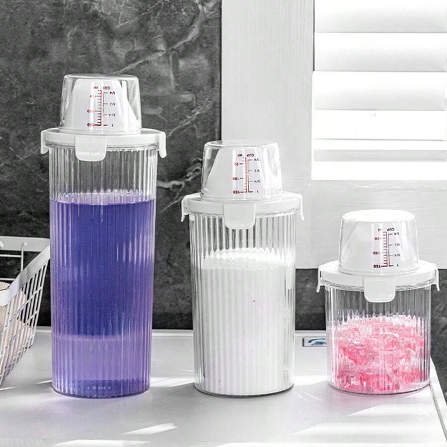 1 Moisture-Proof Storage Box With Multiple Functions And No Leakage. It Comes With A Measuring Cup, A Transparent Thickened Laundry Detergent Sealed Tank, And A Double-Sealed Transparent Large-Opening Laundry Powder Storage Tank