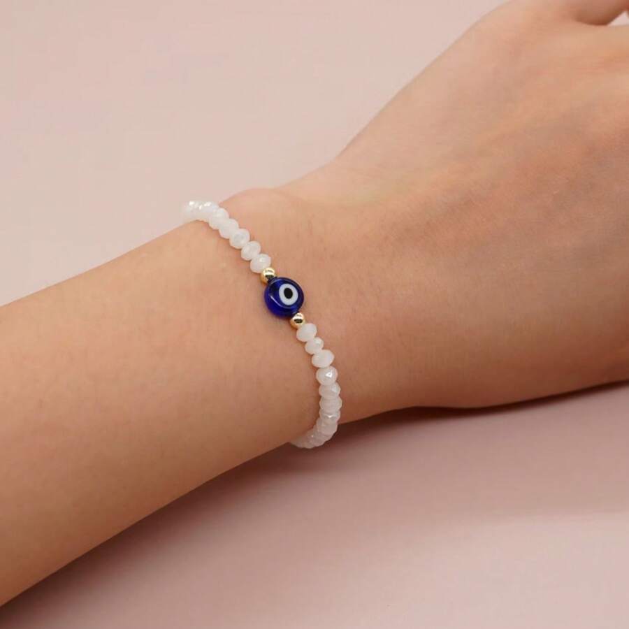 1 pieza Pulsera elástica de diseño de ojo malvado con cuentas de cristal de corte de moda para mujer