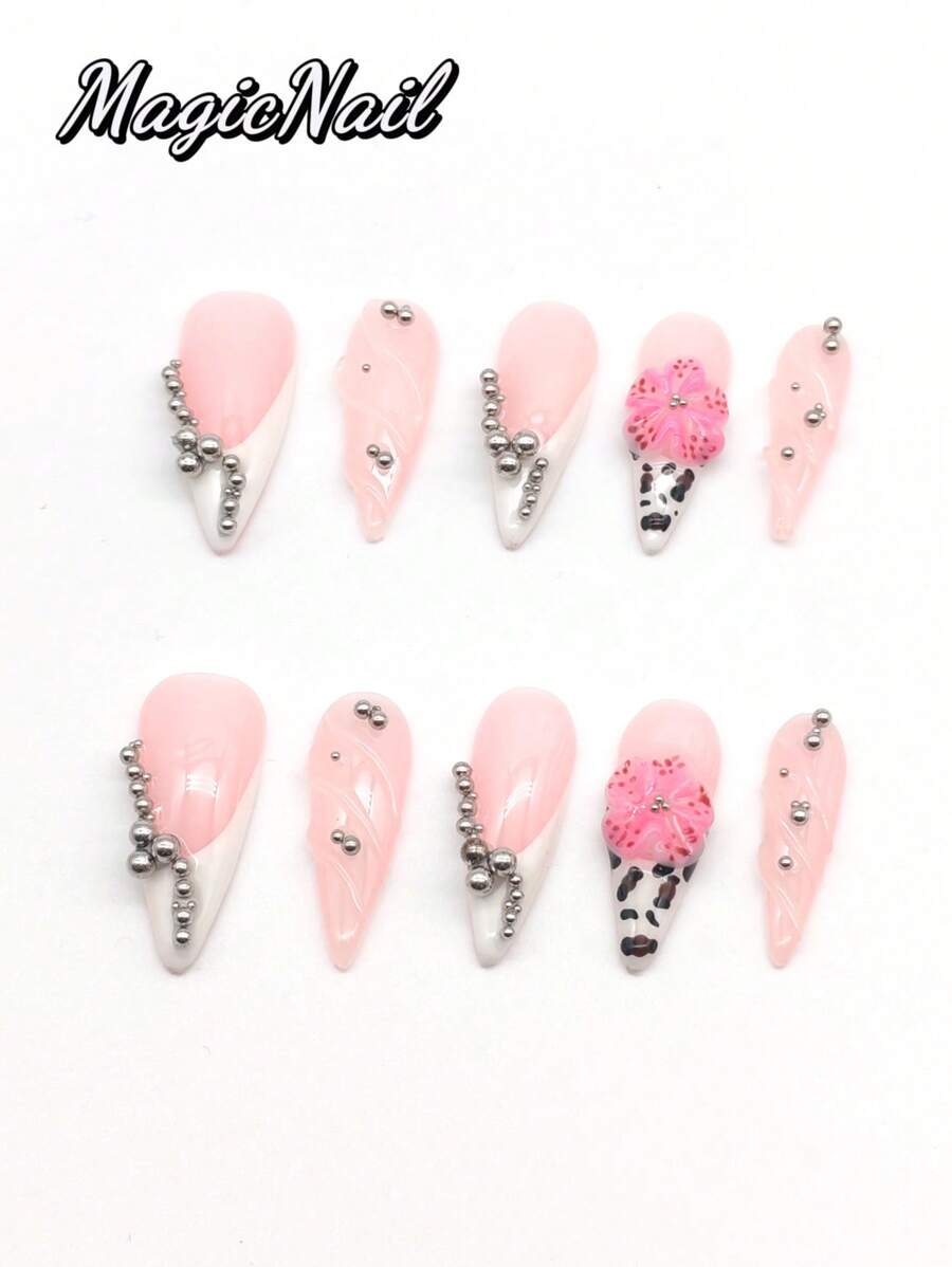 10 Pieces Of Pure Hand-Pressed Wearing Nails, 33mm Long Nail Pieces, Pink And White Contrasting Colors, Multiple Small Silver Balls Form Multiple Line Decorations, Convex Transparent Line Decoration, Hand-Made Convex Flowers Pink Colored Hand-Painted Spotted Small Ball Stamens, Hand-Painted Spotted Spots. Cute Nail Pieces For Spring And Summer. Suitable For Daily Leisure And Vacation Wear.
