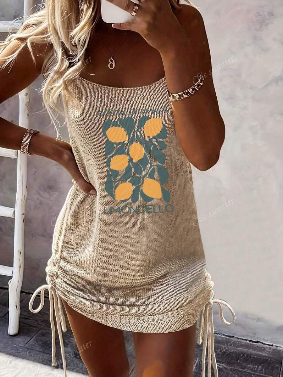 Robe d'été à col rond en tricot, avec bretelles simples, sans manches, imprimée de citrons