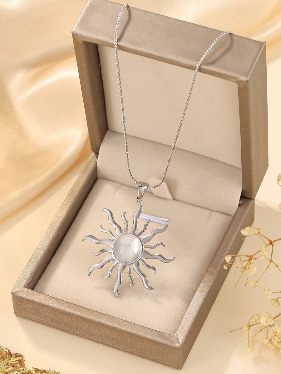 1 Stück Edelstahl-Halskette mit Oversized sonnenförmigem Anhänger, silberfarben, geeignet für täglichen Dekor oder als Geschenk für Frauen