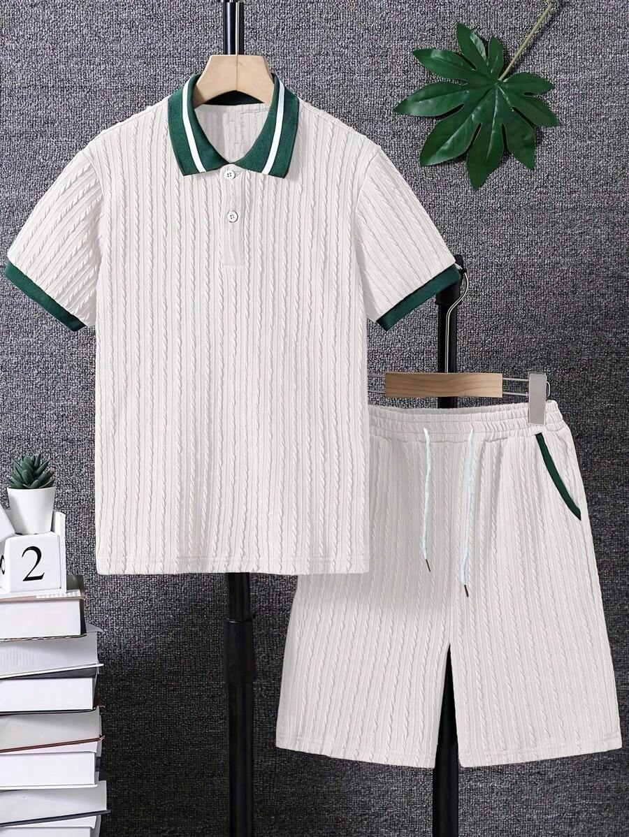 Set de 2 piezas de chándal informal para hombre, tejido de punto acanalado de color contrastante, suave y cómodo, conjunto de top y pantalones cortos esenciales, estilo minimalista elegante