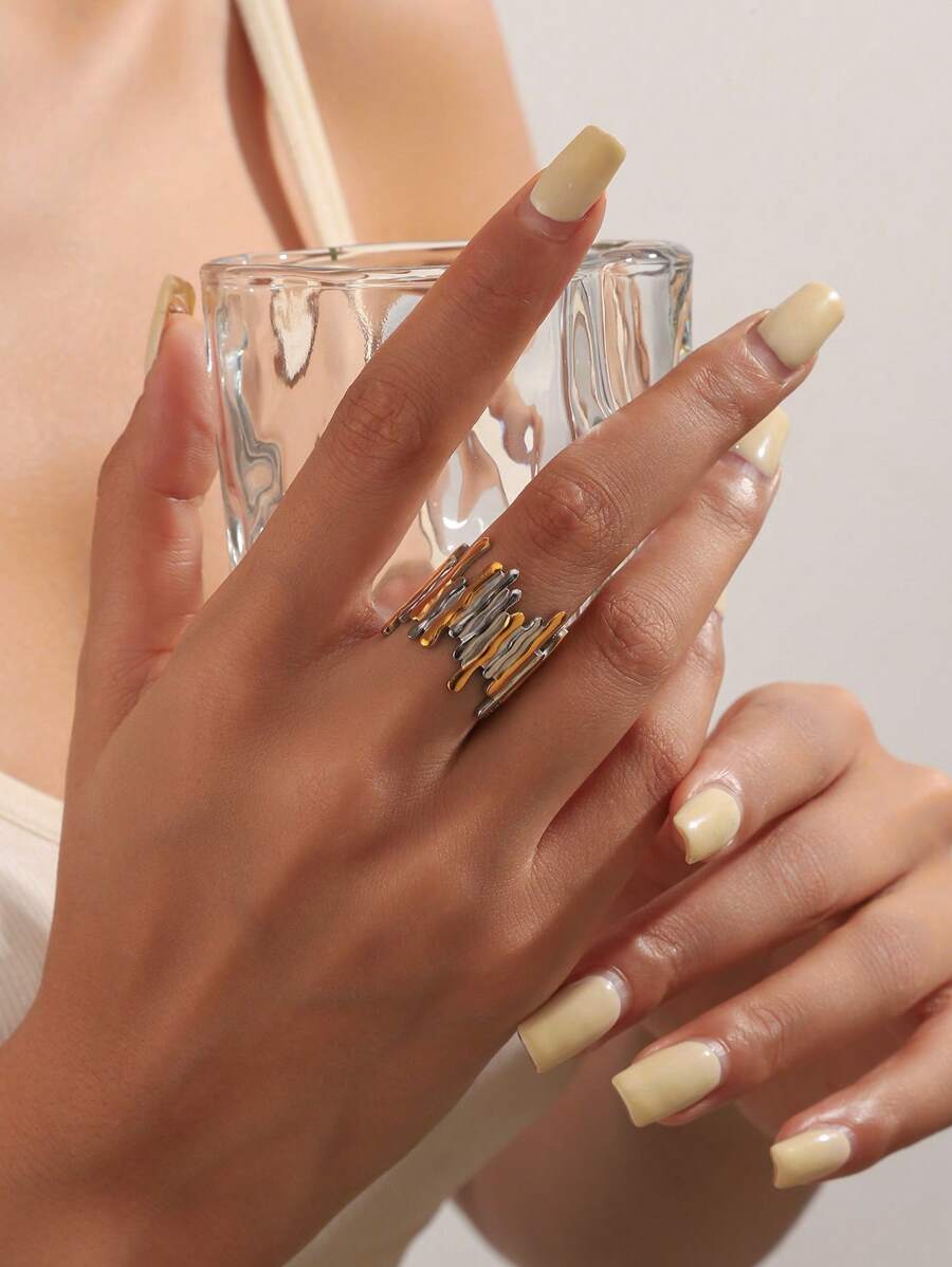 1 pieza Anillo elegante de acero inoxidable con decoración geométrica, diseño creativo y versátil de moda para mujer para uso diario, festivales, citas, salidas, accesorio de alta gama