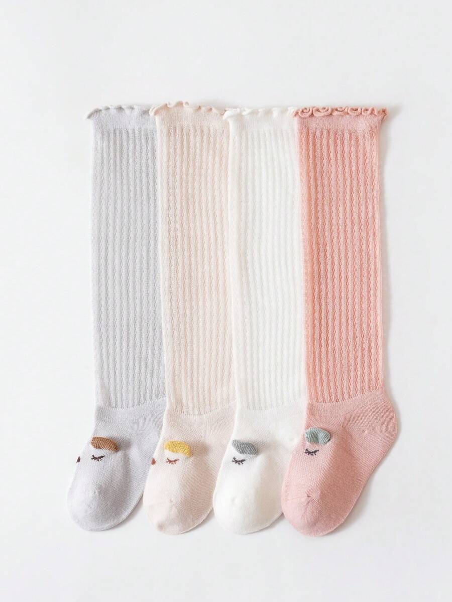 4 Pares de Meias Soquete Antiderrapantes até o Joelho com Desenhos de Personagens para Bebês, Meias de Verão de Algodão Respirável e Fina com Tela