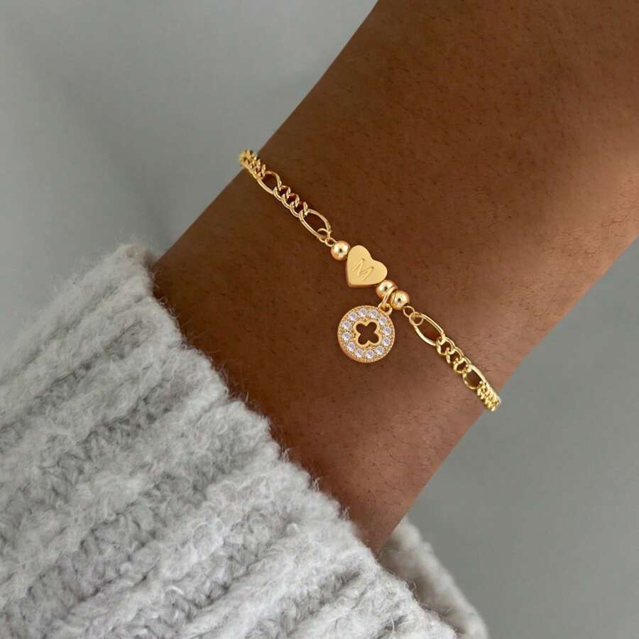 1 pieza Pulsera de cadena Figaro de acero inoxidable dorado con iniciales en forma de corazón, cruzado hueco y circonita pavé de moda para mujeres