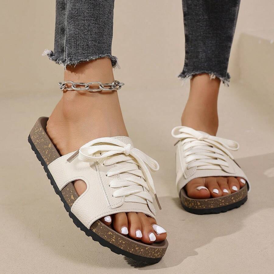 Women's Thick Sole Lace-Up Sandals, Black Bohemian Style Casual Beach Slippers, Summer
