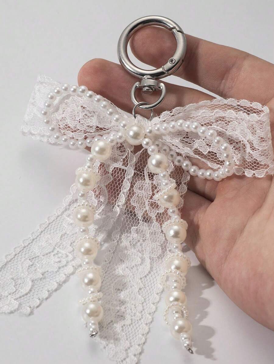 1pc Lace Bow & Faux Pearl Key Chain Wallet Pendant Y2K Faux Pearl Charm Bag Charm Shoe Decor Goth