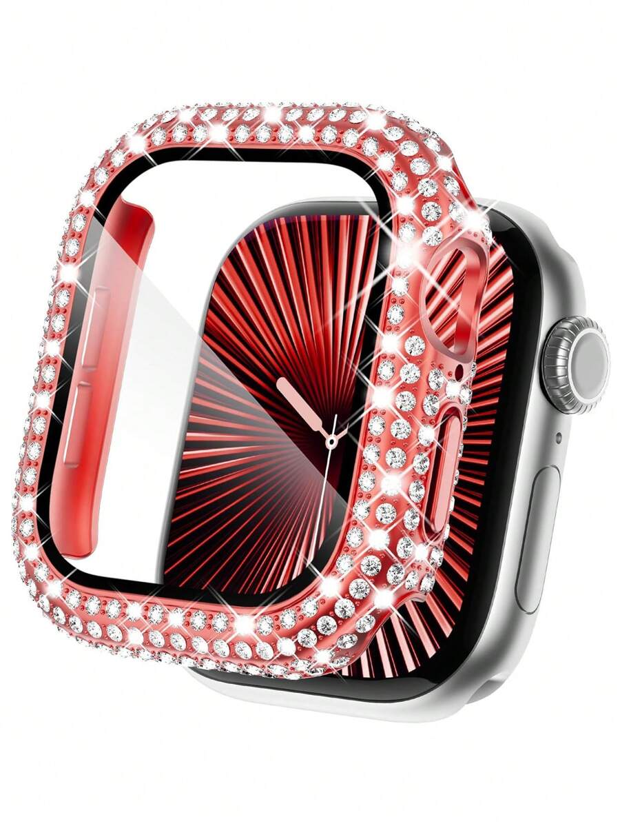 1 pieza Estuche con protector de pantalla de cristal templado antiarañazos y ultrafino con decoración de rhinestones brillantes en color rojo para hombres y mujeres, compatible con Series SE/1/2/3/4/5/6/7/8 de 38/40/41/42/44/45/46mm