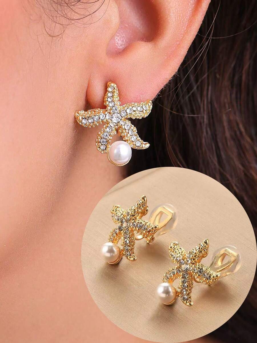 1 par de brincos de cristal estrela do mar e pérola falsa com clipe para mulheres, acessórios elegantes e elegantes para uso diário e presentes