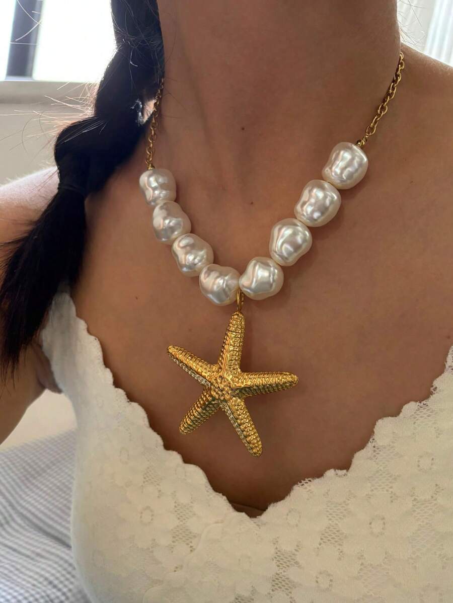 Colar com pingente de estrela do mar e folha de lótus, exclusivo, assimétrico, de aço inoxidável, inspirado no Barroco, para mulheres