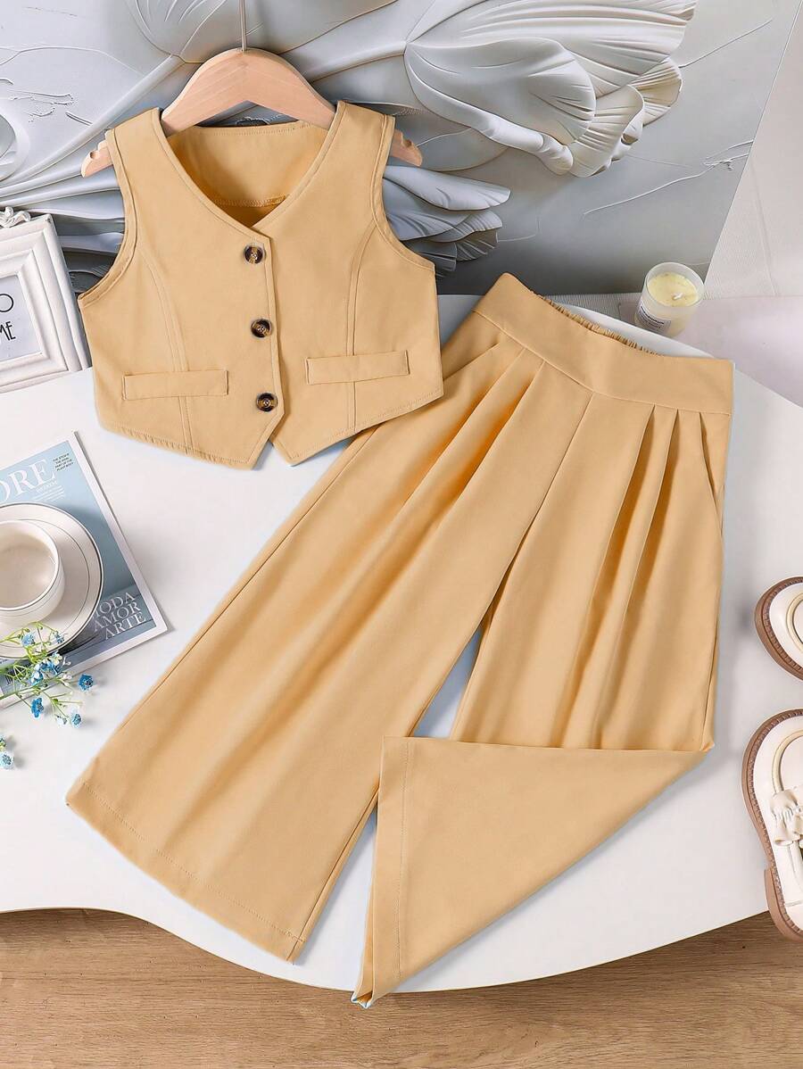 2 pezzi/Set Camicia smanicata azzurra con bottoni + Pantaloni vita alta a gamba ampia, stile coreano Ins, outfit quotidiano per pendolari, design preciso dei bottoni, essenziale casual primaverile estivo per feste, versatile per vacanze e allungamento delle gambe