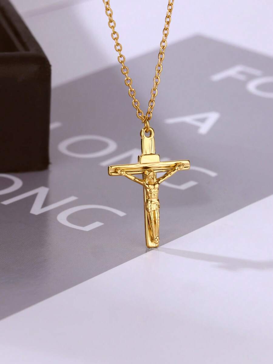 Colar com pingente de cruz cristã de Jesus, 1 peça, para mulheres e homens, correntes de aço inoxidável, gargantilha religiosa, joias, oração, presentes de batismo