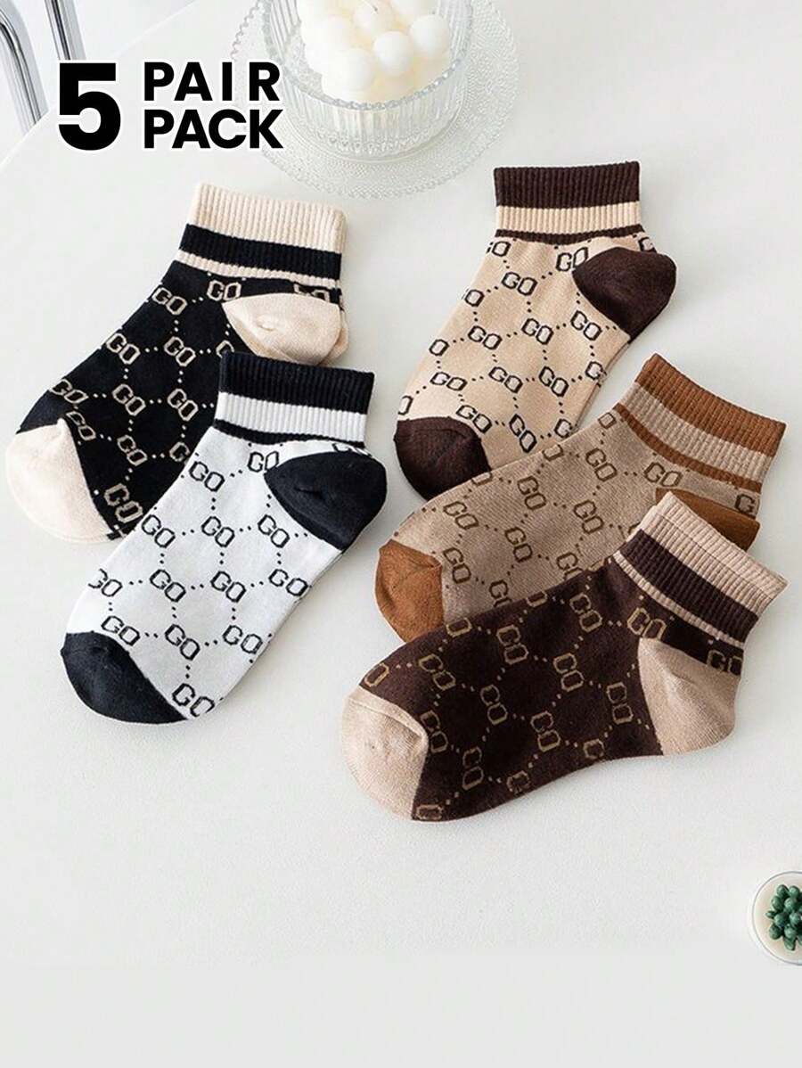 5 Pairs Women Short Socks With Striped Letter Pattern, Multi-Color, Simple, Contrasting Color, Sporty, Fashion, Versatile, Spring/Summer