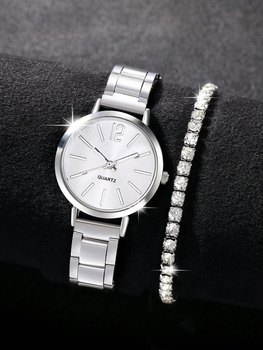 Montres femme 2 pièces, montre mode femme de luxe avec petit cadran à échelle numérique simple et bracelet entièrement serti de diamants. Convient pour le port quotidien, la rentrée, la remise des diplômes, Thanksgiving, les couples. Meilleurs cadeaux sans boîte