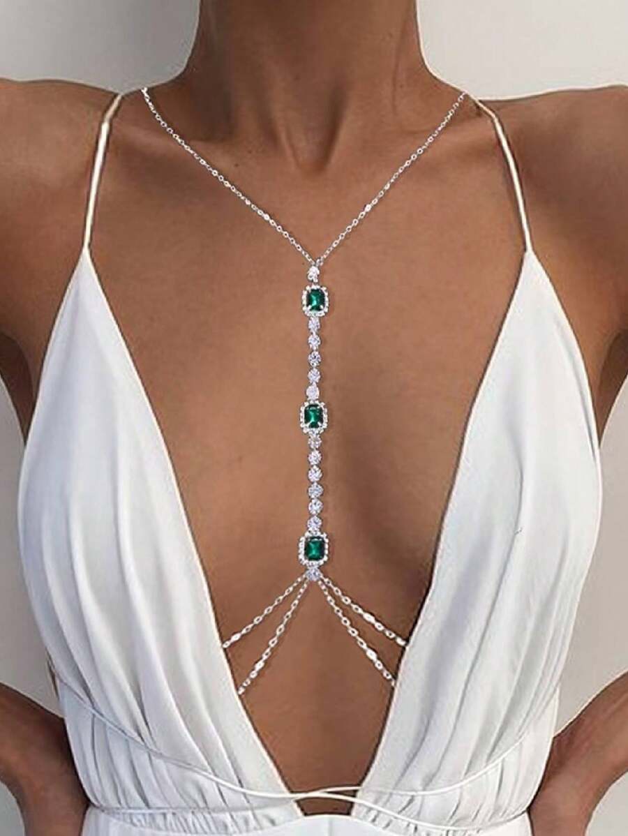 1 pieza Collar de cadena para el Body con tachuelas en forma de corazón, joyería corporal sexy con cristales para mujeres, estilo de moda europeo y americano