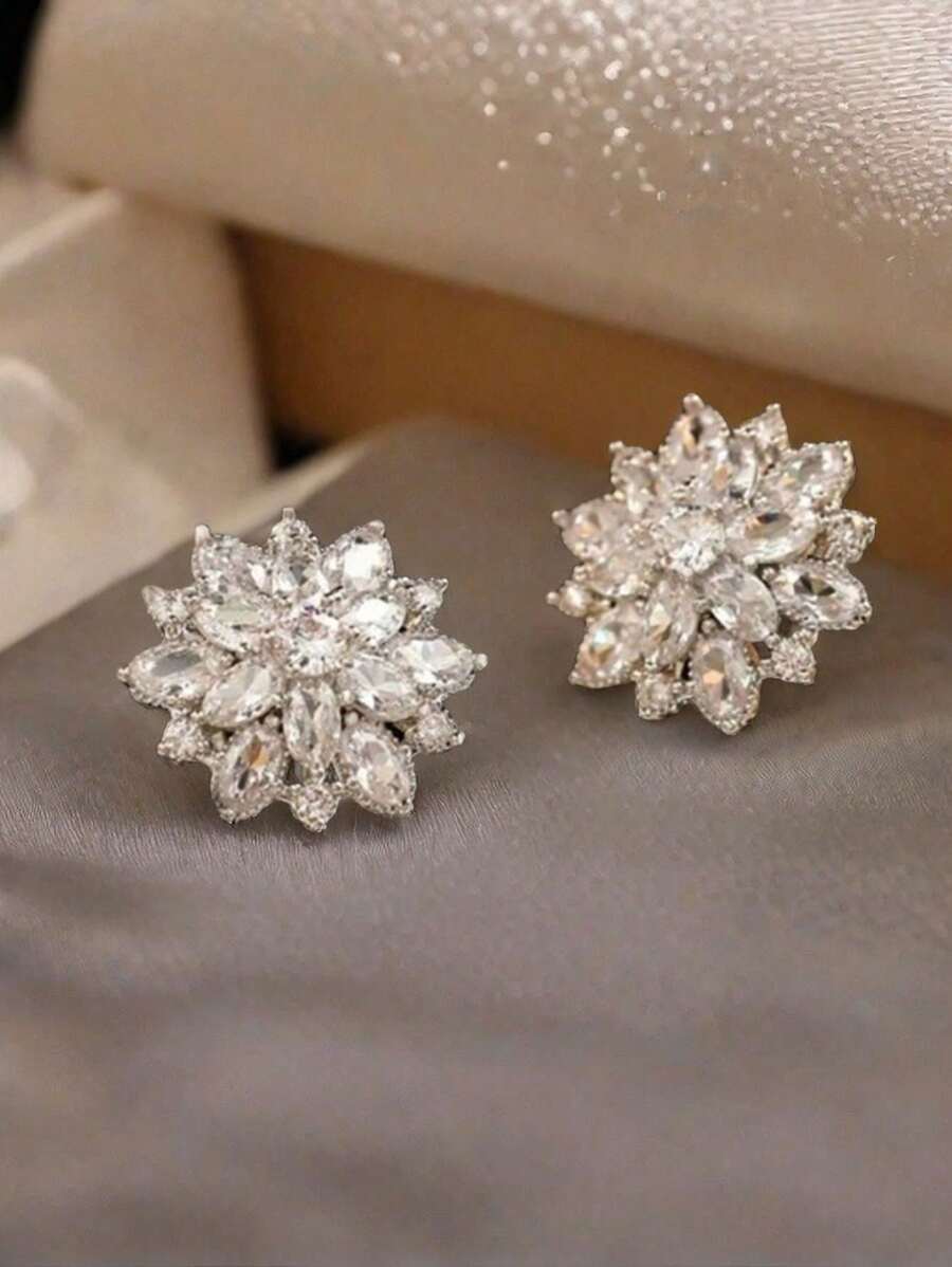 2 Pcs Romantic Flower CZ Zirconia Big Pink Stud Earrings Valentine's Day Gift