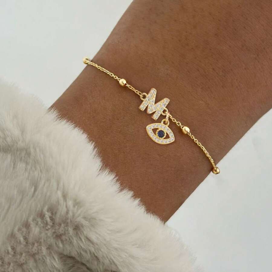 1 pièce Nouveau bracelet à chaîne en acier inoxydable doré avec zircones pavées, initiale œil, mode femme