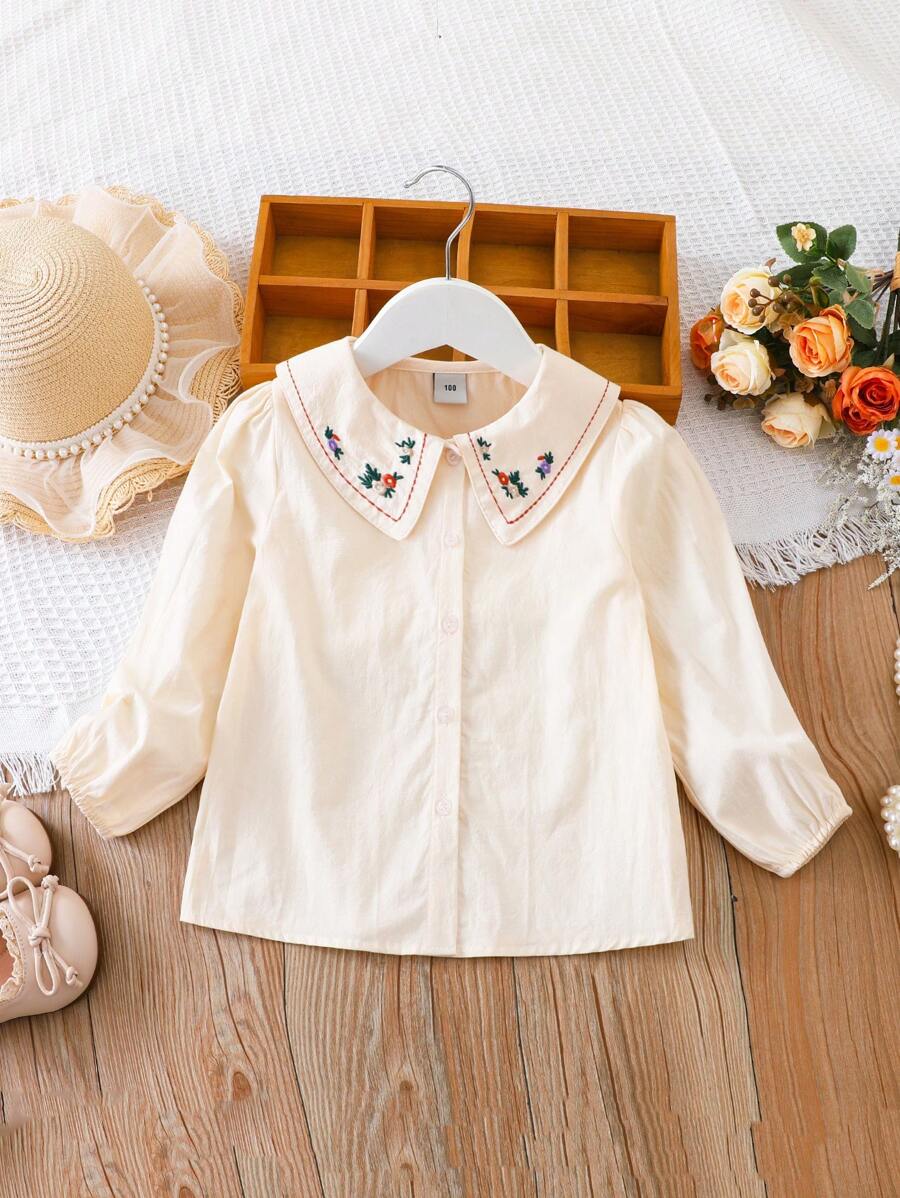 Blusa casual de manga larga con bordado floral lindo para niñas jóvenes, ropa para niños pequeños
