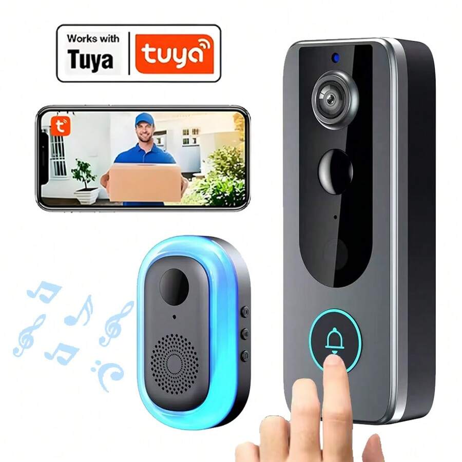 Sonnette vidéo intelligente sans fil Tuya - Système de sécurité domestique avec sonnerie, Wi-Fi 2,4 G, vision nocturne, audio bidirectionnel, notifications en temps réel, transformation vocale, stockage sur le cloud et carte SD pour une utilisation intérieure et extérieure, système de sécurité intérieur | Sonnette sans fil pour smartphone pour l'entrée