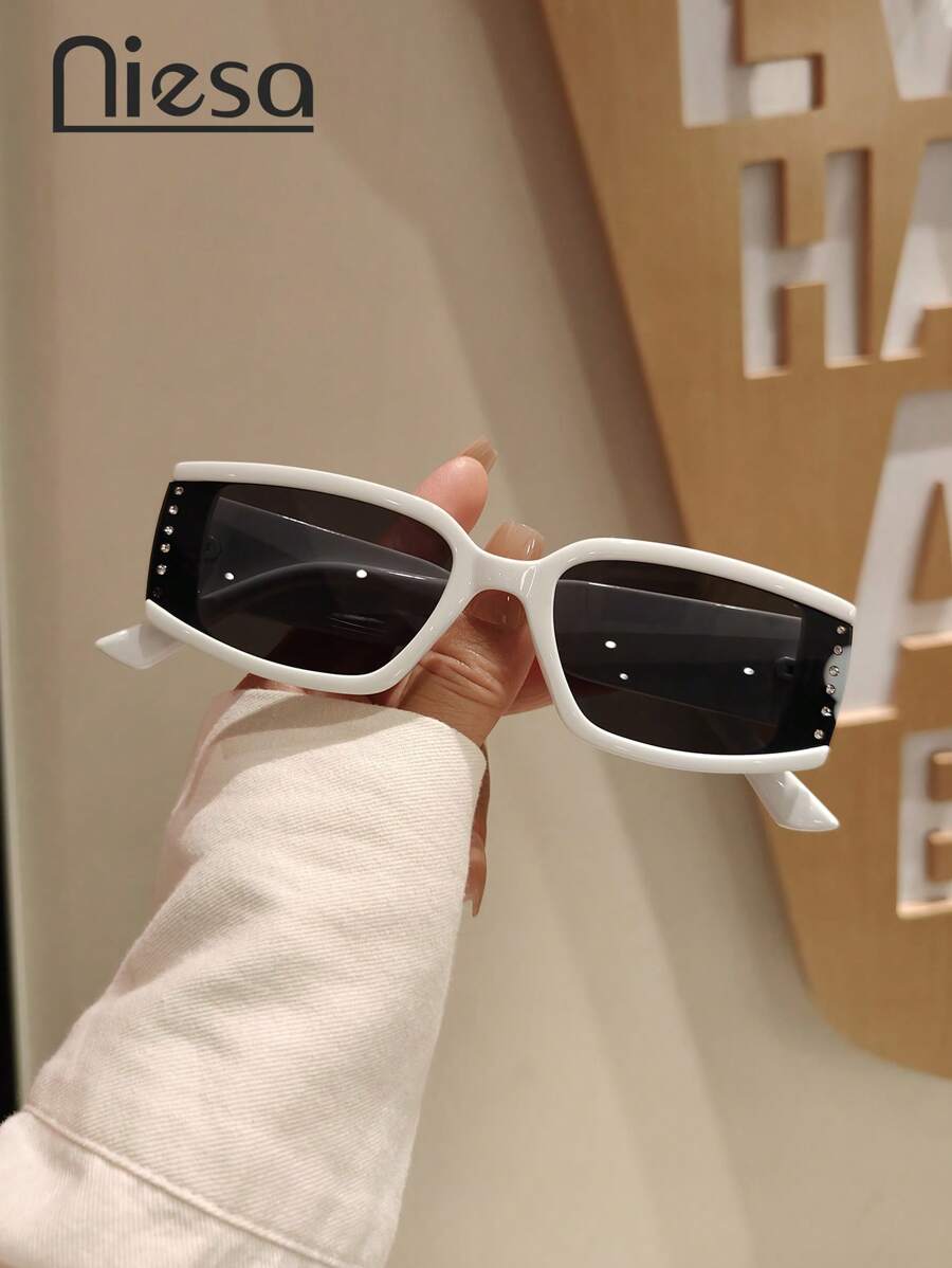 Modische rechteckige Kristall besetzte Gläser hochwertige Damenbrille, vielseitiges lässiges Strandreise Accessoire, einfarbig, PC (Polycarbonat) legere Mode für Frauen, ganzjähriger Preppy-Stil für den Schulanfang rechteckiger Strass-Dekor