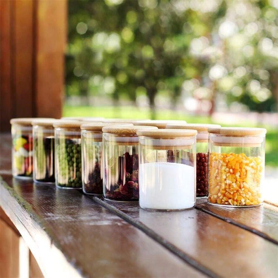 1 pieza/1 set 12 frascos de almacenamiento de alimentos de vidrio con tapa de bambú hermética, recipiente transparente portátil para té, granos de café, azúcar, dulces, galletas, especias, utensilios de cocina