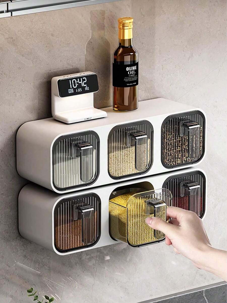 1pc Spice Rack, Multi-Compartment Wall-Mounted Spice Organizer, Transparent Jars For Sugar, Salt Storage, Horizontal Or Vertical Installation, Includes Wall Stickers Suitable For Smooth Tile Walls, Bilingual Stickers Included