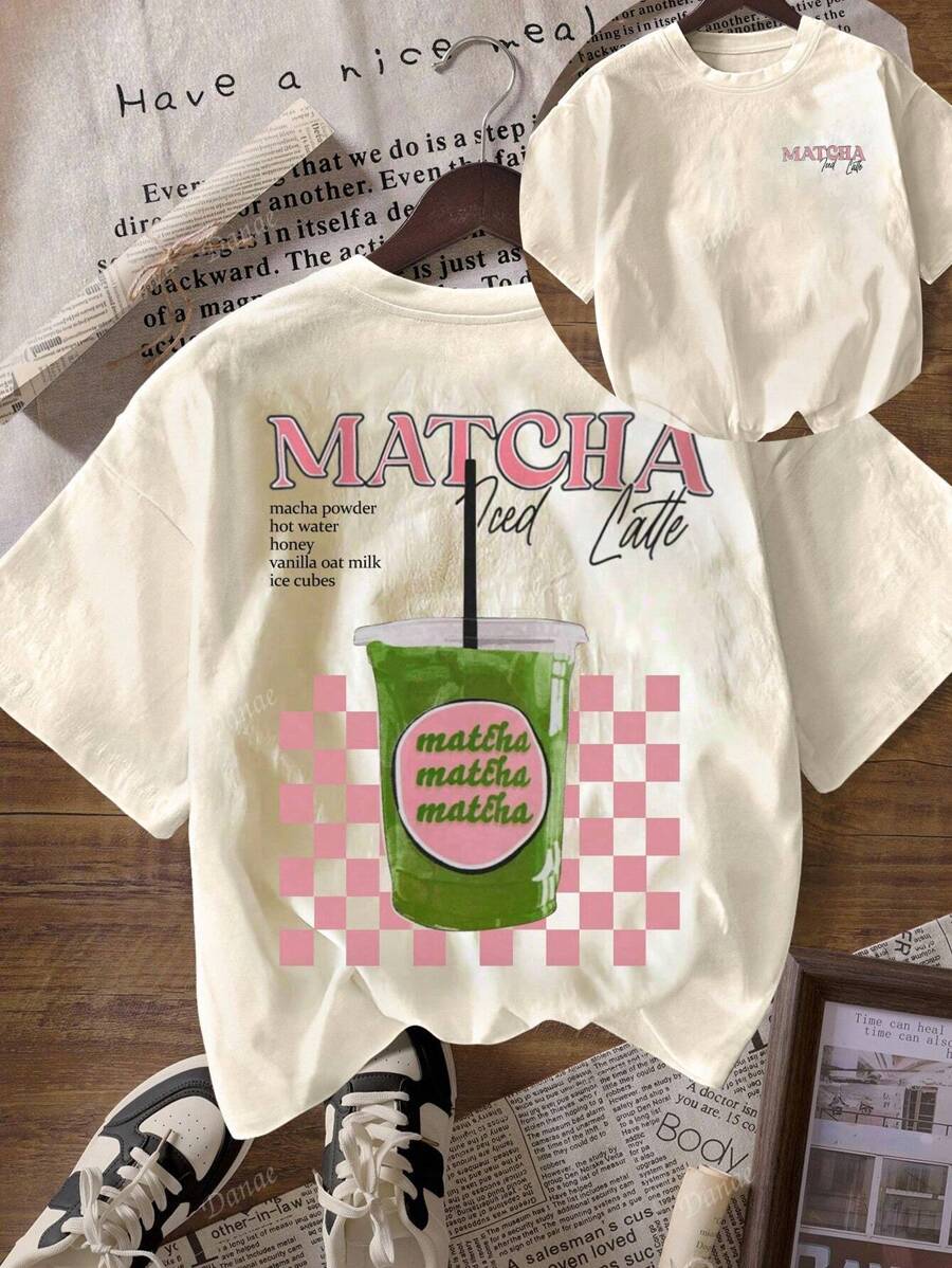 Women Casual Matcha Print Round Neck Short Sleeve T-Shirt, Summer