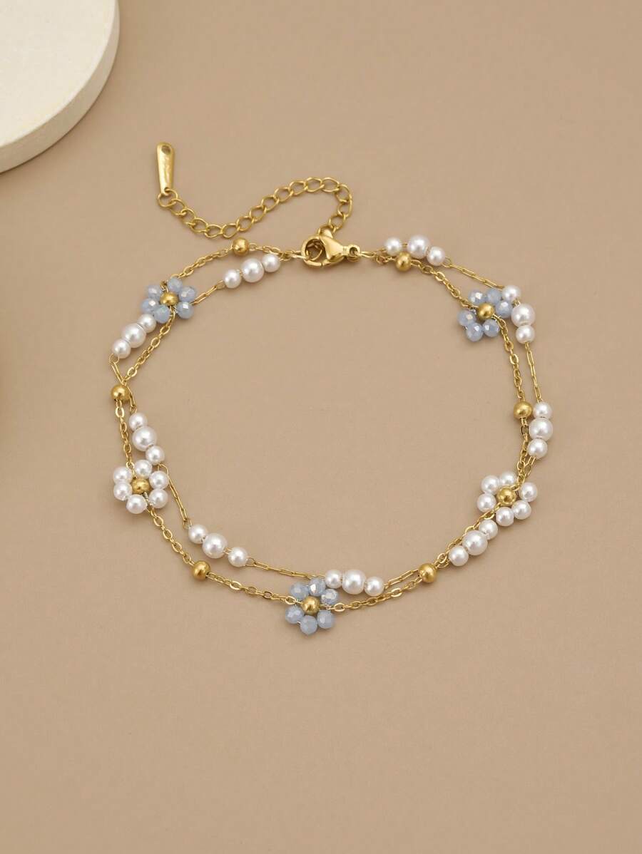 1 peça Pulseira/Tornozelo em Aço Inoxidável Luxuosa de Camada Dupla com Flores de Pérolas Falsas e Contas (Feita à Mão, A Quantidade de Flores de Pérolas e Contas Douradas Pode Variar, o Tamanho é Definitivo)