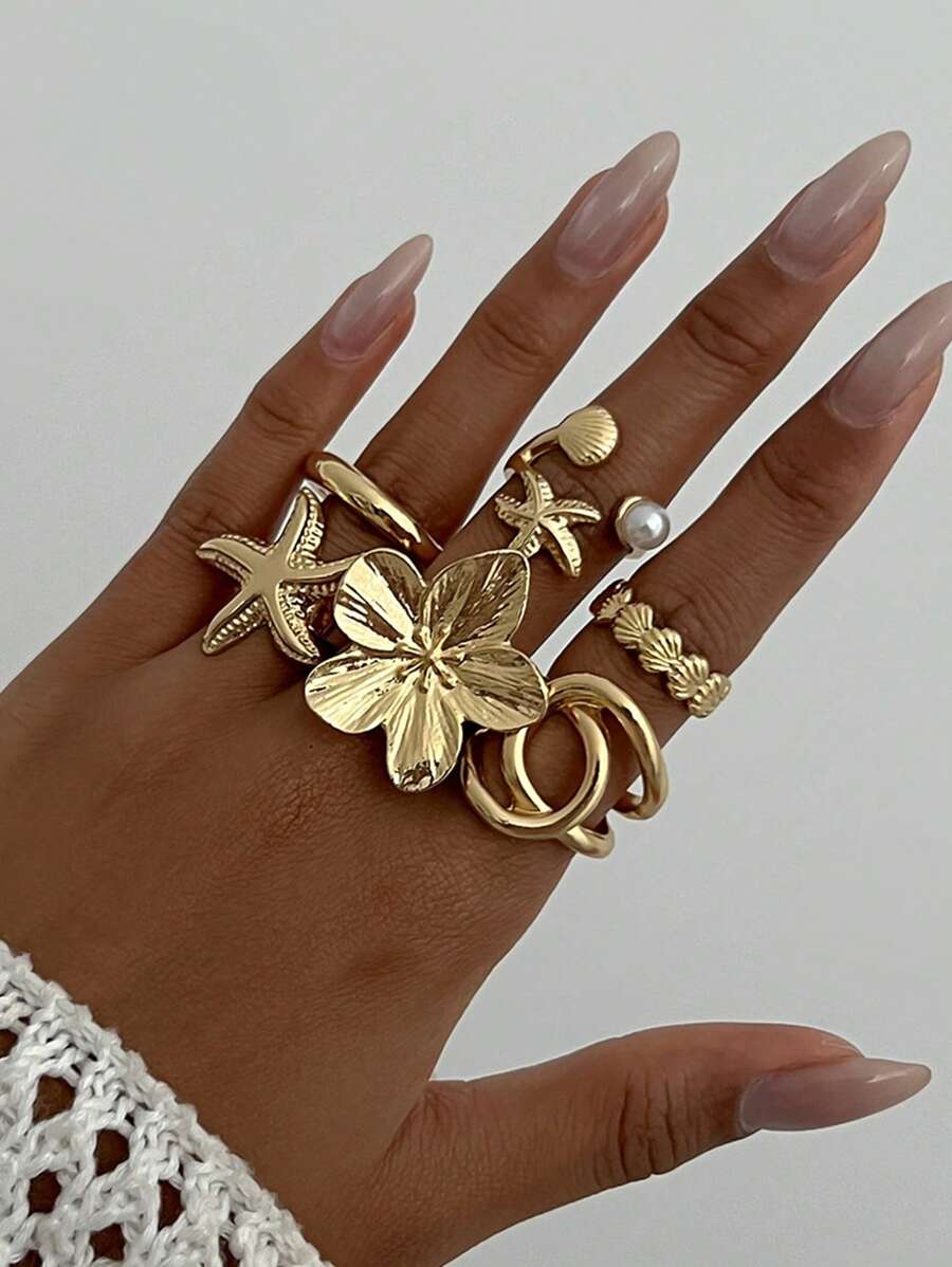 Set de 6 anillos veganos vintage, anillos de moda estilo bohemio con estrellas de mar personalizados