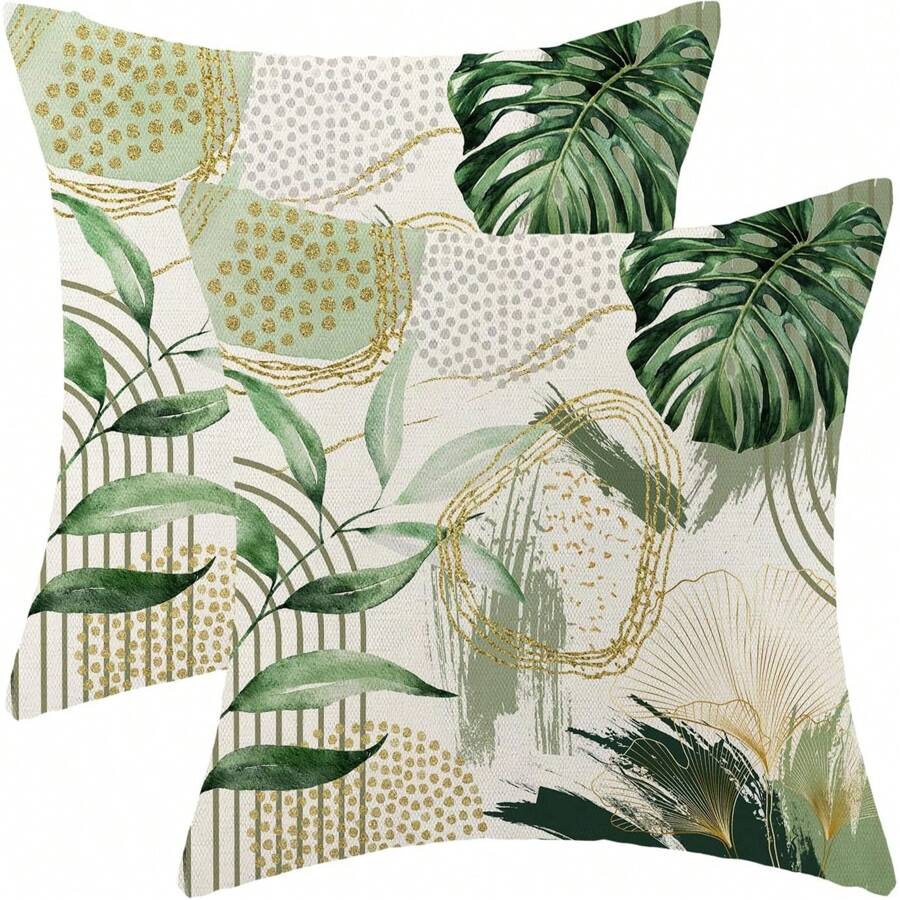 2PCS Medieval Pillowcase Bohemian Sage Green Gold Palm Leaf Cuddle Pillowcase Outdoor Decorative Bohemian Modern Abstract Tropical Leaf Pillowcase Upholstery Cushion Cover Home Sofa With One Side Without Pillow