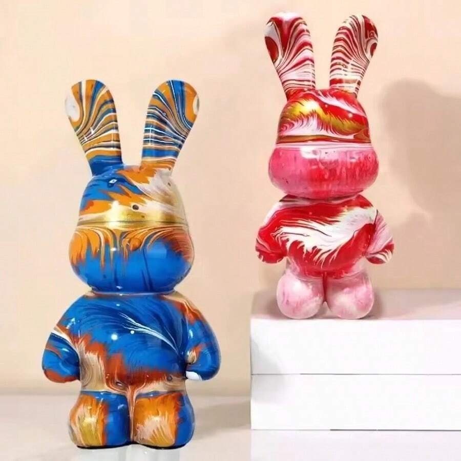 23/33CM Graffiti Fluid Bear Rabbits Piggy Bank DIY White Body Ornament Bunny Model Desktop Decoration Painting Doll Sculpture Crafts