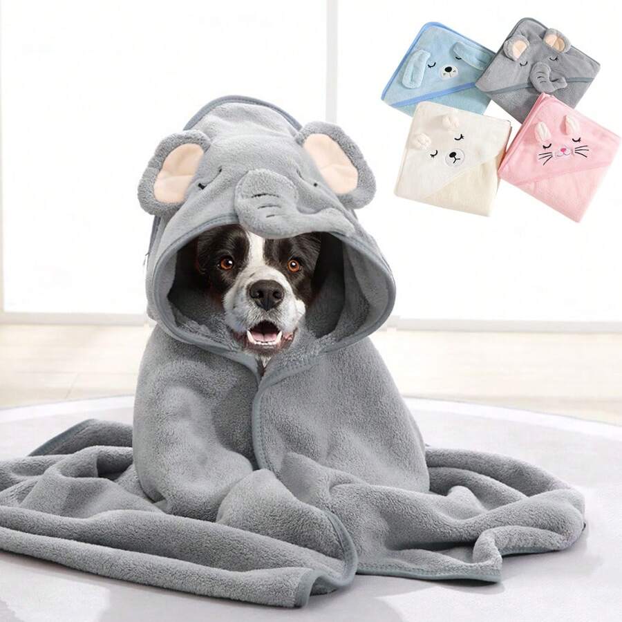 1pc Pet Bath Towel, Pet Absorbent Towel, Pet Bathrobe, Cat Quick-Drying Towel, Dog Drying Towel, Hooded Pet Towel, Cartoon Design, Coral Fleece Material, Soft & Comfortable