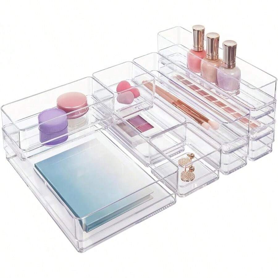 Drawer Organizer Bins 6 Pc Set, Multi-Size, Bathroom Organizers And Storage, Makeup Organizer, Desk Organizer, Vanity Organizer, Clear Organizing Containers, Made In USA