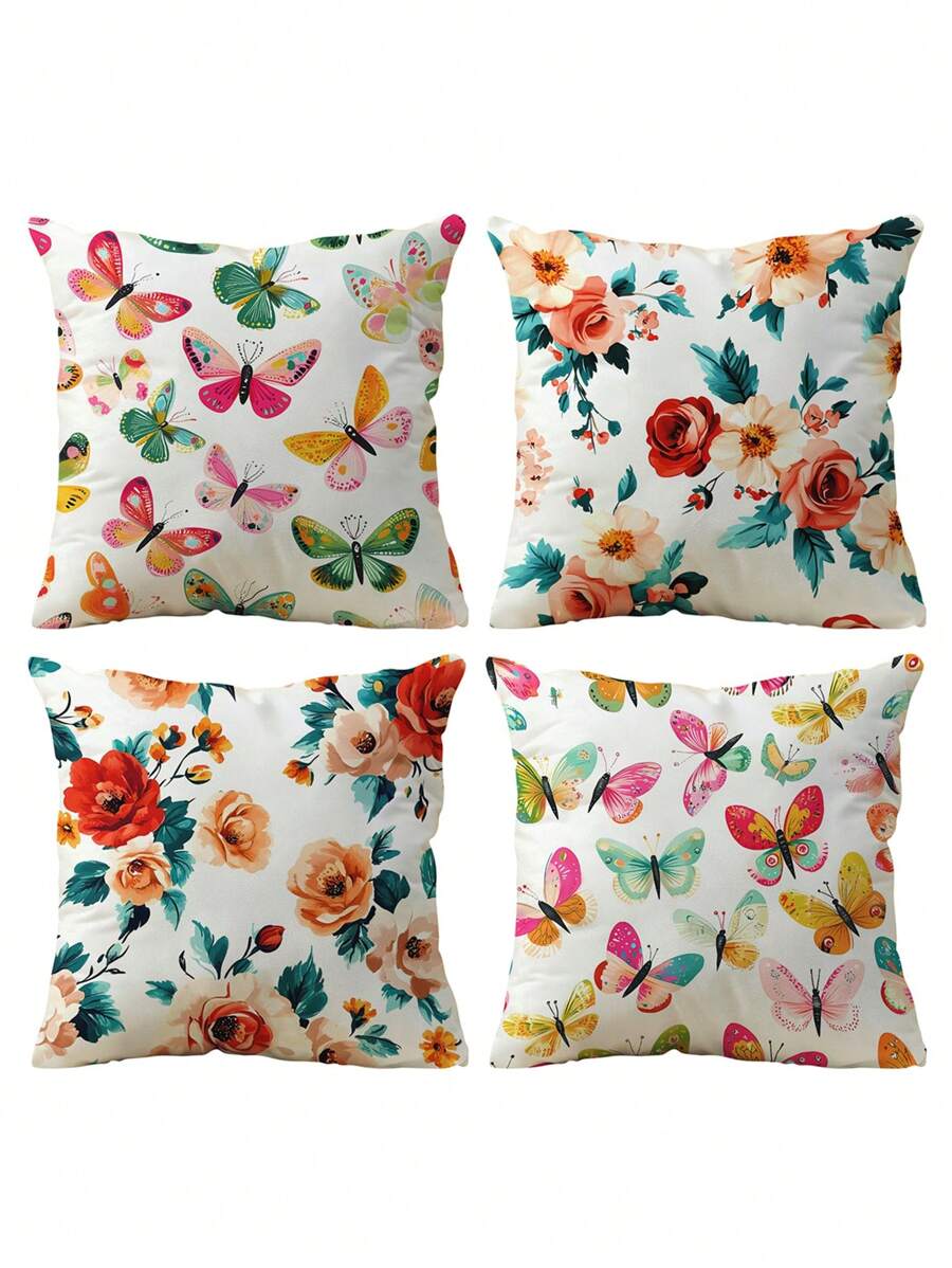 1pc/4pcs Colorful Butterfly & Floral Printed Throw Pillow Case, Home Decor Sofa Cushion Covers For Bedroom, Car
