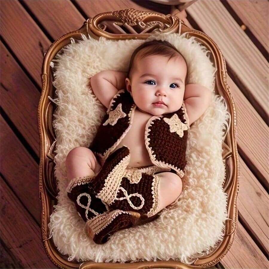 Conjunto de Colete e Sapatos Bebê Recém-Nascido, Adereços de Fotografia de Estúdio Cowboy, Fantasia de Crochê de Lã Feita à Mão