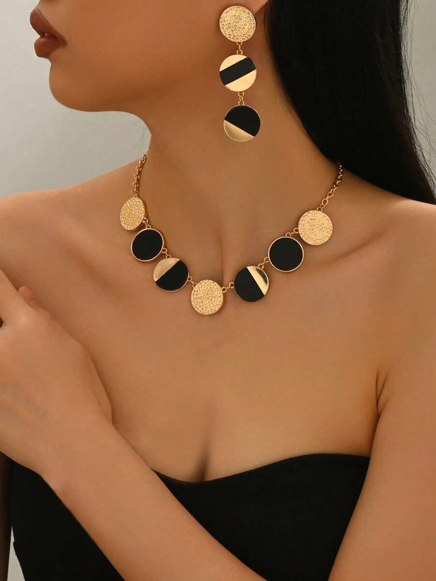 3-teiliges modisches Schmuckset für Damen mit Halskette und Ohrrringen, kreative Metallschmuckkombi mit geometrischen & kreisförmigen schwarzen Elementen, goldfarbig blockiert Y-förmige Halskette, übertrieben europäisch und amerikanisch, personalisiert, elegant, vielseitig einsetzbar für alle Jahreszeiten