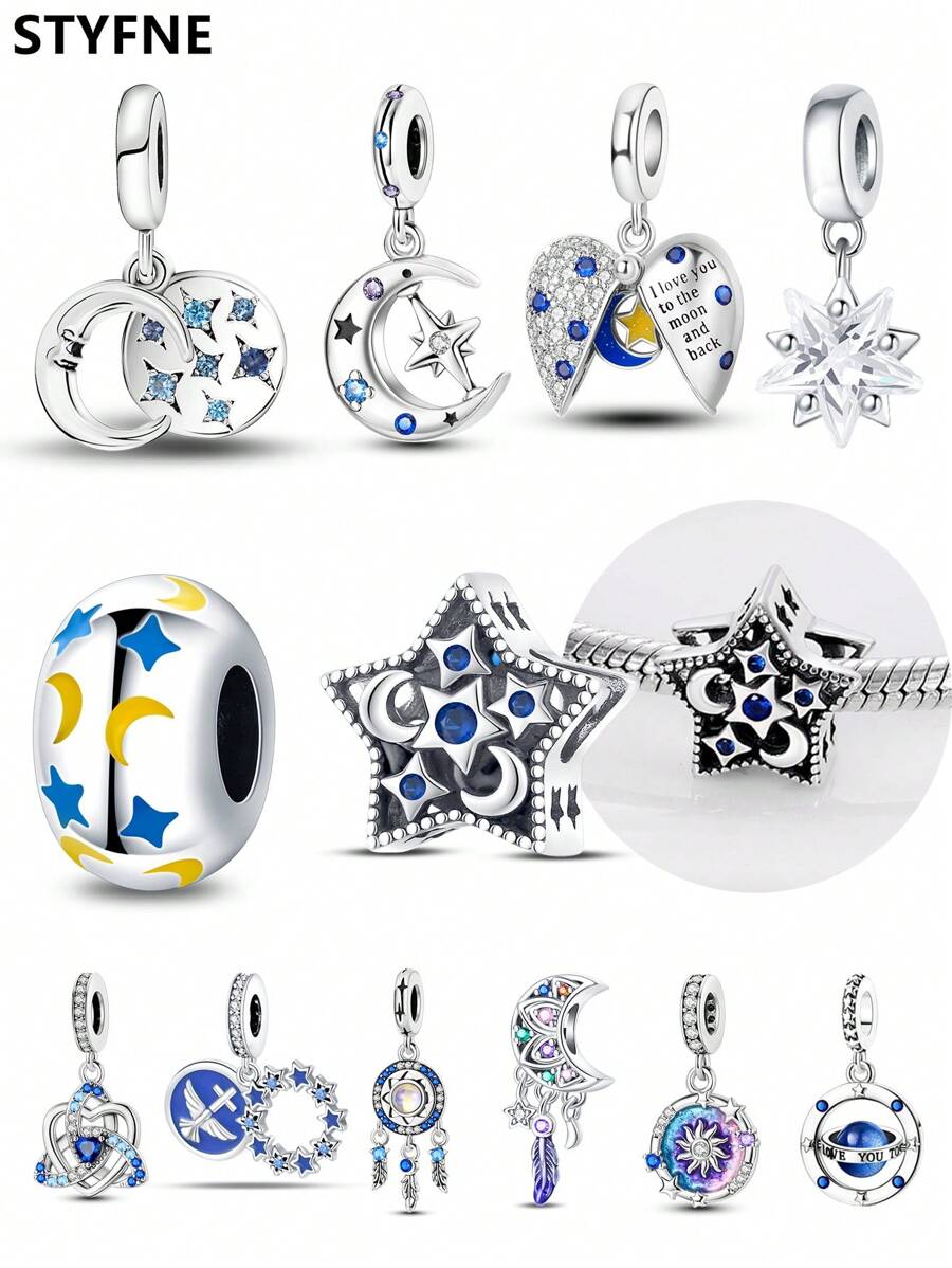 STYFNE 1 pingente de estrela, pingente de planeta estrela dourado, pingente de céu estrelado misterioso, pingente de pérola lua apanhador de sonhos, pingente de menina sentada na lua com miçangas, para pulseira faça você mesmo, joias femininas, presente diário