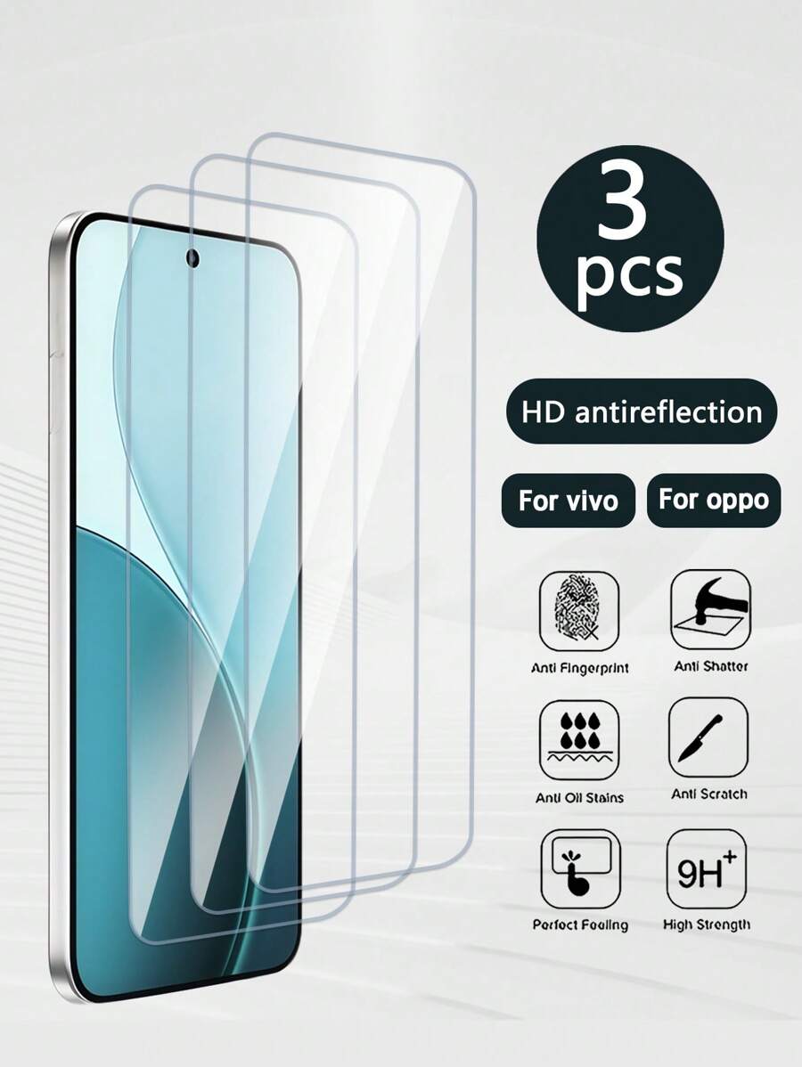 3pcs Ultra HD Tempered Glass Screen Protector, Compatible With OPPO/VIVO Phones, Waterproof, Anti-Scratch, Bubble-Free, Easy Installation Gift For Birthday, Family, Friends Phone Screen Protector, Phone Accessories