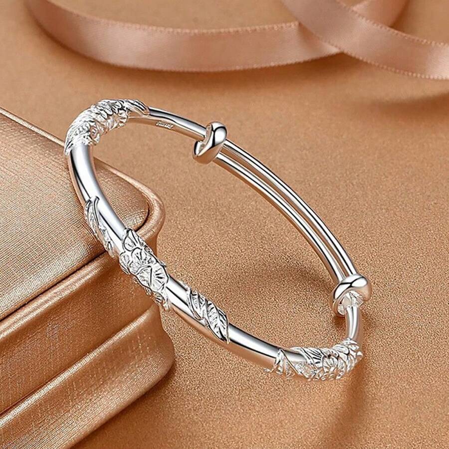 Pulseira Prateada de Mulher com Baixa Alergia em Estilo Retrô com Floral de Prata 925, Pulseira Versátil com Empurrar e Puxar, Presente para Casal e Melhores Amigos, Acessório de Uso Diário, Ornamento Decorativo Adequado para Todas as Estações, Presente Adequado para o Dia dos Namorados, Presente para Mulheres, Anti-Oxidação