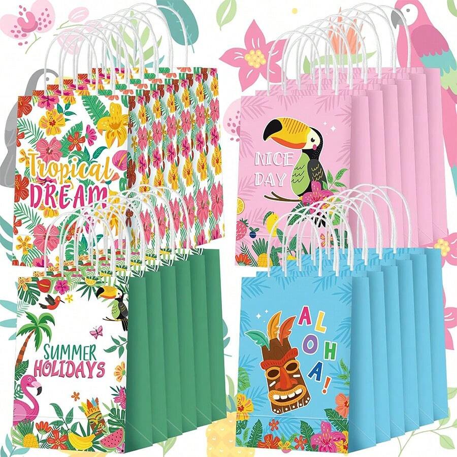 24 piezas/12 piezas/6 piezas/2 piezas Bolsas de regalo con temática hawaiana, bolsas de regalo de papel tropical para fiestas de cumpleaños y de género, suministros para fiestas hawaianas de verano, bolsas de regalo con asas adecuadas para decoraciones de fiesta de cumpleaños aloha