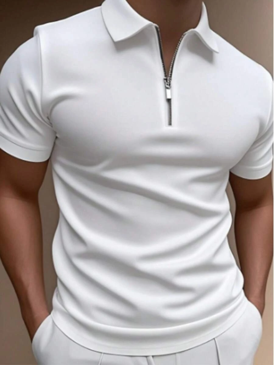 Men's Summer Polo Collar Half Zip Short Sleeve T-Shirt, Suitable For Outdoor, Vacation And Casual Wear