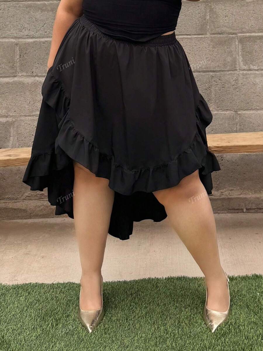 Truni Plus Size Women's Black Ruffles Hem Skirt, Vintage Black Layered Skirt