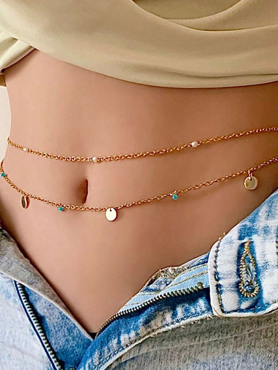 2 Cadenas de cintura redondas de turquesa de verano, cadena de cintura y vientre metálica multicapa para bikini, joyería para mujer, cadena corporal de cuentas sexy para la playa