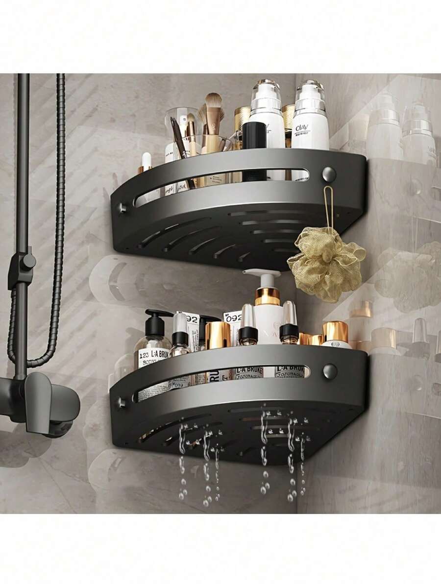 Corner Shower Caddy, Adhesive Shower Shelf Without Drilling, No Drill Bathroom Triangular Storage Rack, Wall-Mounted With 2 Hooks Back To School