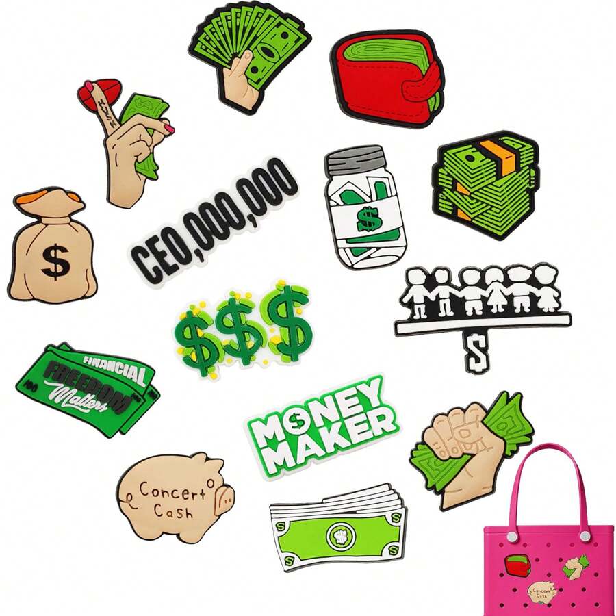 14 Piezas Serie de Dólar DIY Encantos para Bolsas de Playa de Goma, Decoraciones de Moda para Bolsas, Accesorios Encantos, Grandes Regalos para Navidad, Cumpleaños, Fiestas, Accesorios de Playa, Accesorios de Vacaciones, Accesorios de Verano