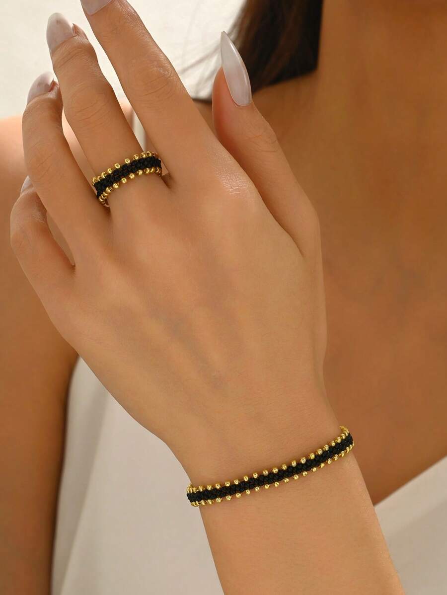 Set de 2 piezas de pulsera y anillo de estilo elegante y lujoso hechos a mano con cuentas, joyería artesanal con perlas de varias capas, apta para uso casual, de fiesta y vacaciones de mujeres