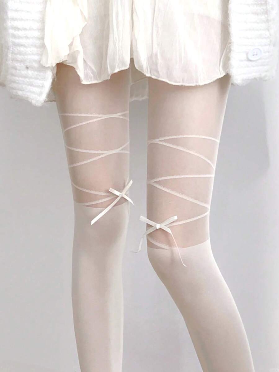 1 par de pantimedia de colores transparentes y con decoración de lazo estilo lolita, adecuadas para mujeres de menos de 50kg, para primavera/verano/otoño
